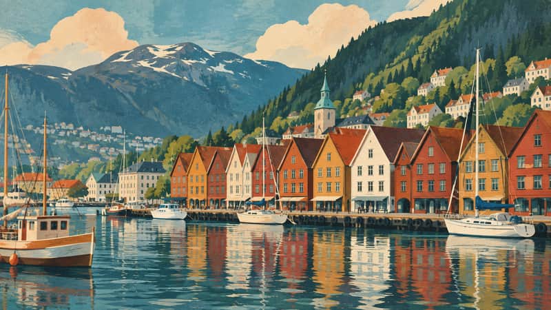 Bergen Harbor 4K wallpaper, mid-century travel poster style, for Frame TV and desktop