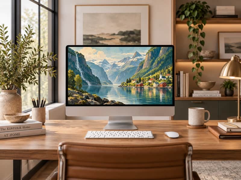 Fjord Village wallpaper shown on a desktop computer screen
