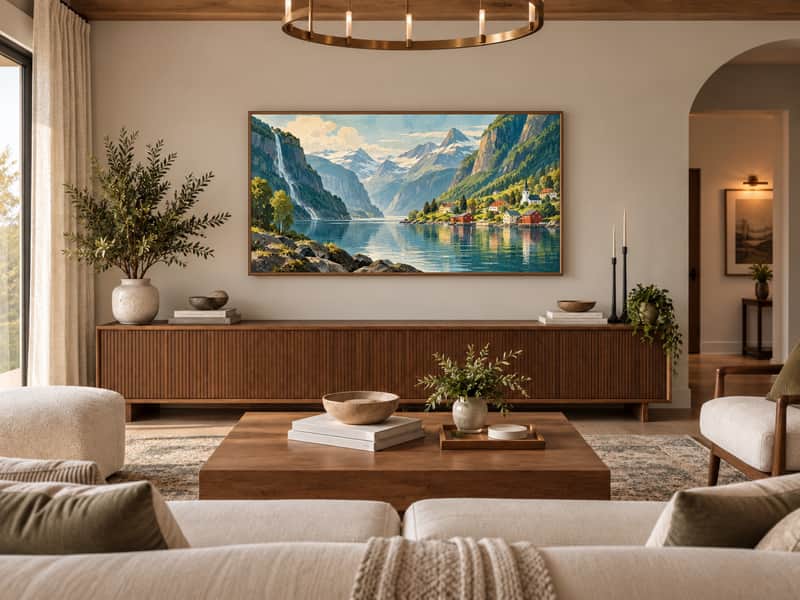Lofoten Islands wallpaper shown as art on a Samsung Frame TV