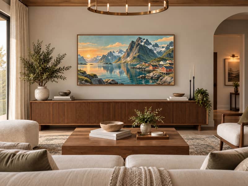 Northern Lights over Fjords wallpaper shown as art on a Samsung Frame TV