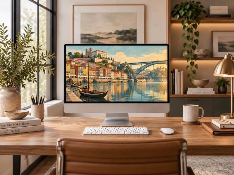 Porto Riverside wallpaper shown on a desktop computer screen