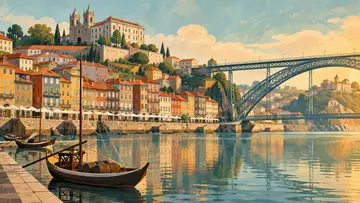 Porto Riverside 4K wallpaper, mid-century travel poster style