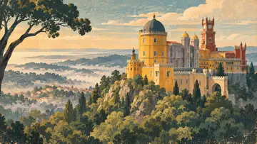 Sintra Palace 4K wallpaper, mid-century travel poster style