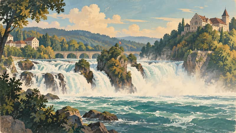 Rhine Falls 4K wallpaper, mid-century travel poster style, for Frame TV and desktop