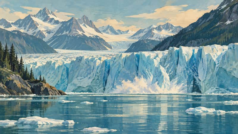 Glacier Bay 4K wallpaper, mid-century travel poster style, for Frame TV and desktop