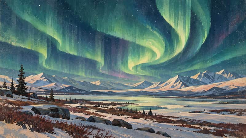 Northern Lights over Tundra 4K wallpaper, mid-century travel poster style, for Frame TV and desktop