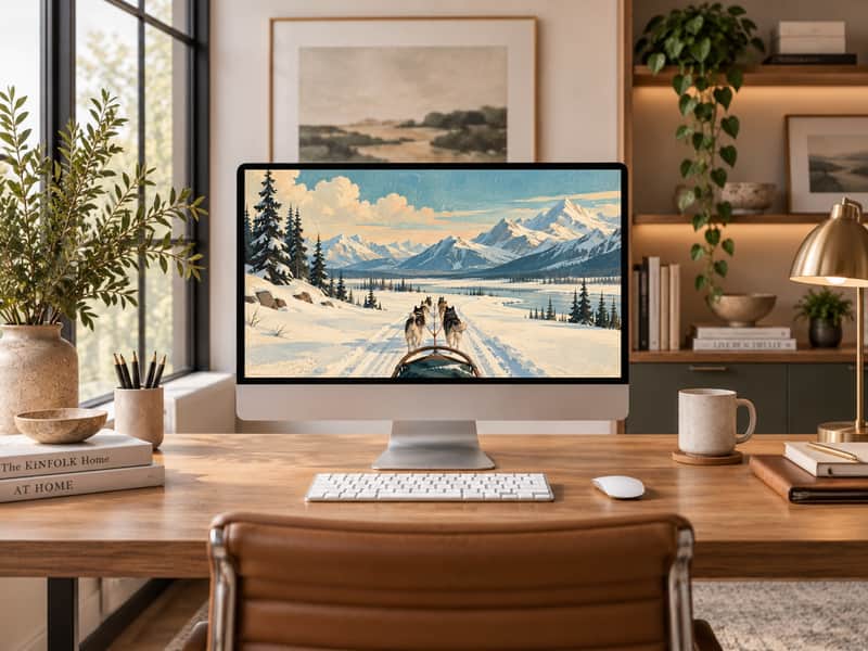 Snowy Dog Sled Trail wallpaper shown on a desktop computer screen