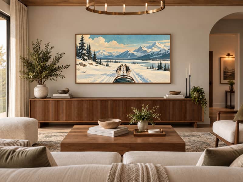 Snowy Dog Sled Trail wallpaper shown as art on a Samsung Frame TV