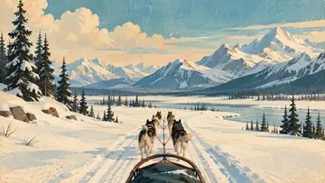 Snowy Dog Sled Trail 4K wallpaper, mid-century travel poster style