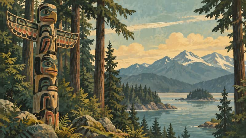 Totem Pole Forest 4K wallpaper, mid-century travel poster style, for Frame TV and desktop