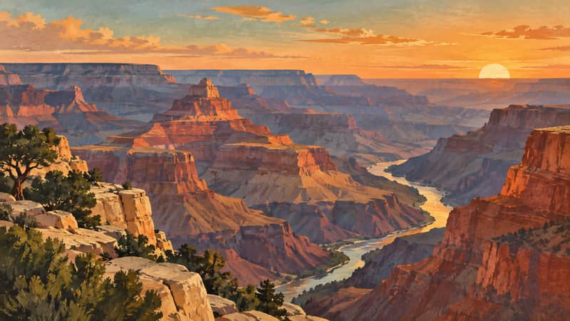 Grand Canyon 4K wallpaper, mid-century travel poster style, for Frame TV and desktop