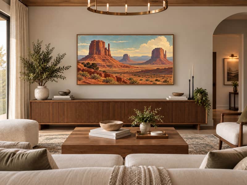 Monument Valley wallpaper shown as art on a Samsung Frame TV