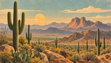 Saguaro Desert 4K wallpaper, mid-century travel poster style