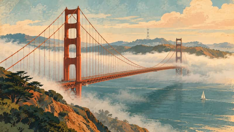 Golden Gate Bridge 4K wallpaper, mid-century travel poster style, for Frame TV and desktop