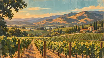 Napa Valley Vineyards 4K wallpaper, mid-century travel poster style