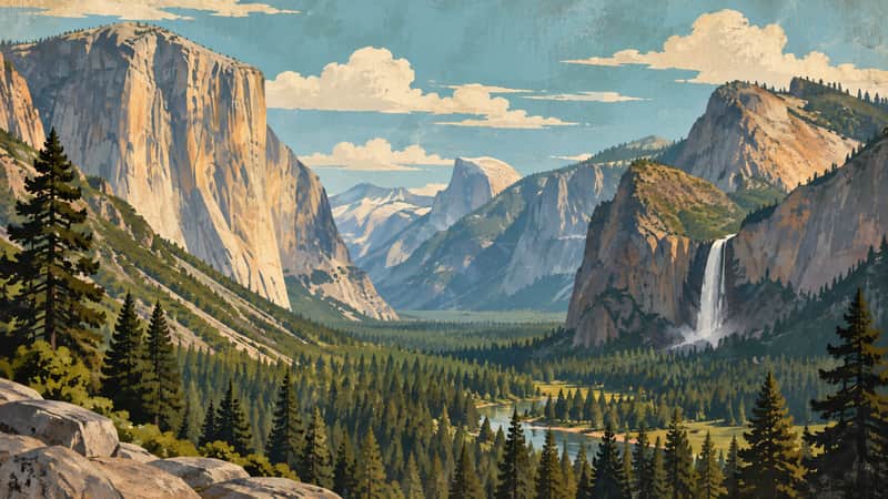 Yosemite Valley 4K wallpaper, mid-century travel poster style, for Frame TV and desktop