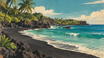Black Sand Beach 4K wallpaper, mid-century travel poster style