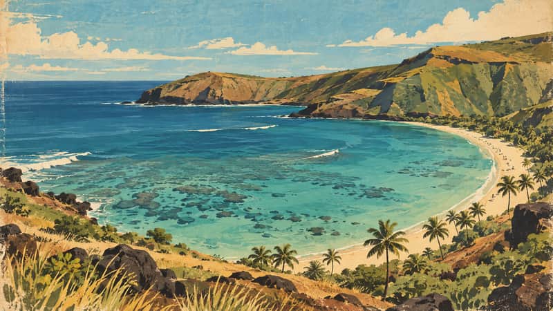 Hanauma Bay 4K wallpaper, mid-century travel poster style, for Frame TV and desktop