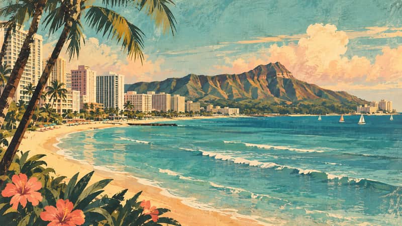 Waikiki Beach 4K wallpaper, mid-century travel poster style, for Frame TV and desktop