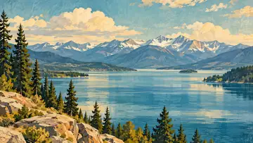Flathead Lake Mountains 4K wallpaper, mid-century travel poster style