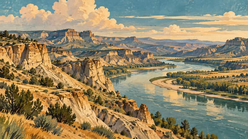 Missouri River Breaks 4K wallpaper, mid-century travel poster style, for Frame TV and desktop