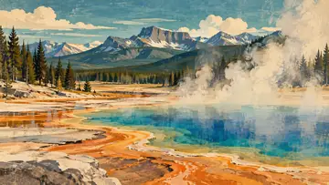 Yellowstone Geyser Edge 4K wallpaper, mid-century travel poster style