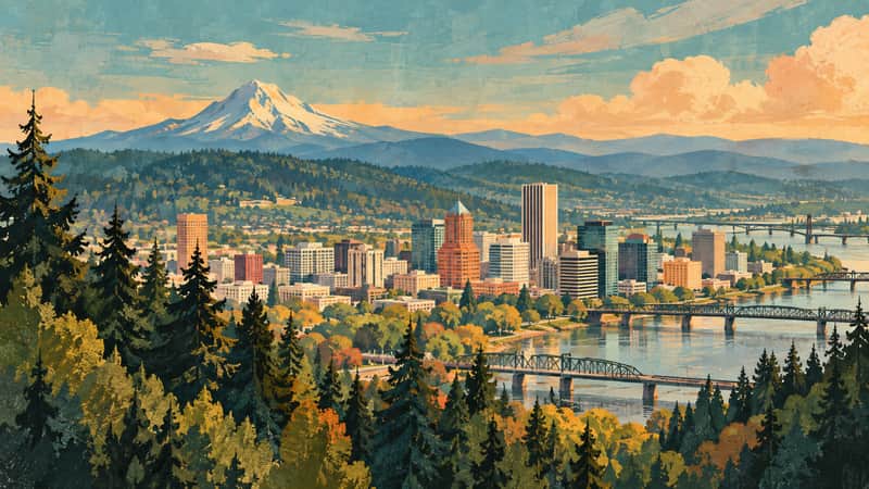 Portland Forested Hills 4K wallpaper, mid-century travel poster style, for Frame TV and desktop