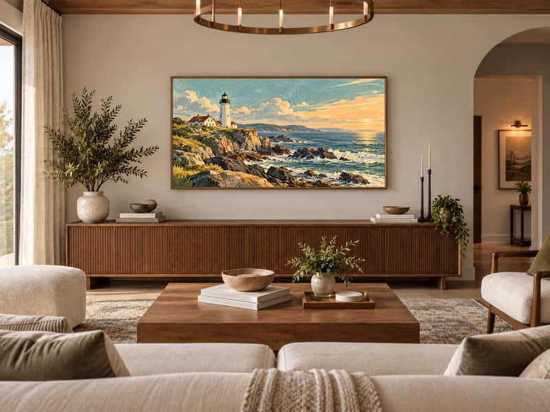 Coastal Lighthouse wallpaper shown as art on a Samsung Frame TV