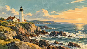 Coastal Lighthouse 4K wallpaper, mid-century travel poster style