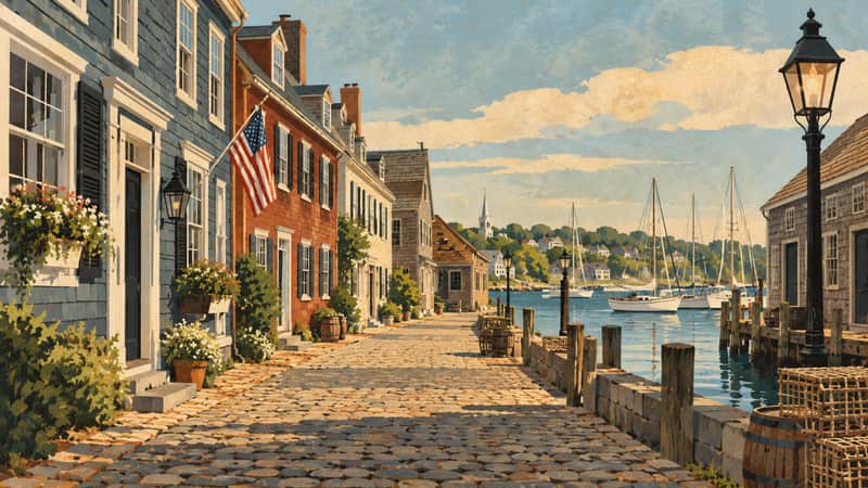 Colonial Waterfront Street 4K wallpaper, mid-century travel poster style, for Frame TV and desktop