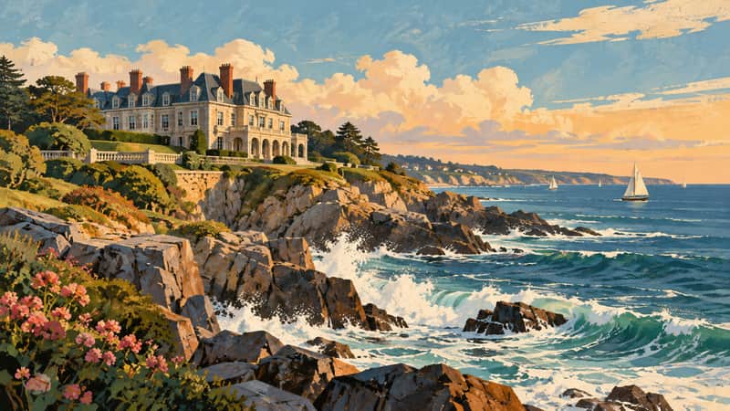 Newport Mansion Bluff 4K wallpaper, mid-century travel poster style, for Frame TV and desktop