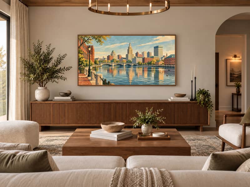 Providence Riverfront wallpaper shown as art on a Samsung Frame TV