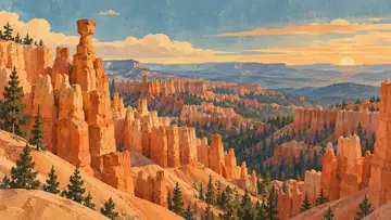 Bryce Canyon Hoodoos 4K wallpaper, mid-century travel poster style