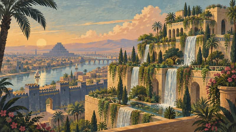 Hanging Gardens of Babylon 4K wallpaper, mid-century travel poster style, for Frame TV and desktop