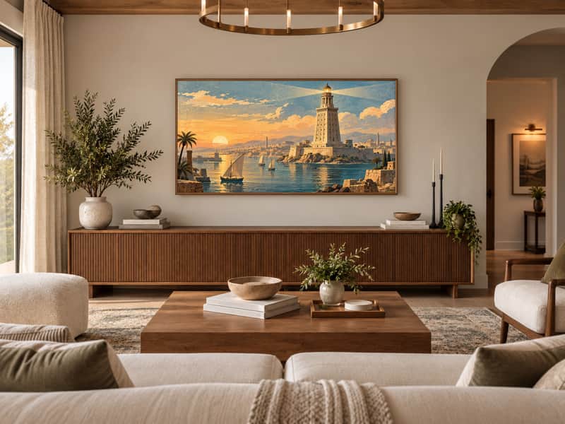 Lighthouse of Alexandria wallpaper shown as art on a Samsung Frame TV