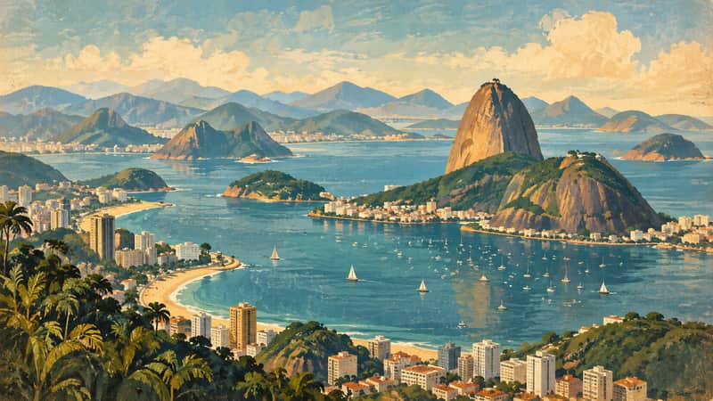 Guanabara Bay, Rio de Janeiro 4K wallpaper, mid-century travel poster style, for Frame TV and desktop