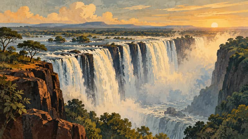 Victoria Falls, Zambia/Zimbabwe 4K wallpaper, mid-century travel poster style, for Frame TV and desktop