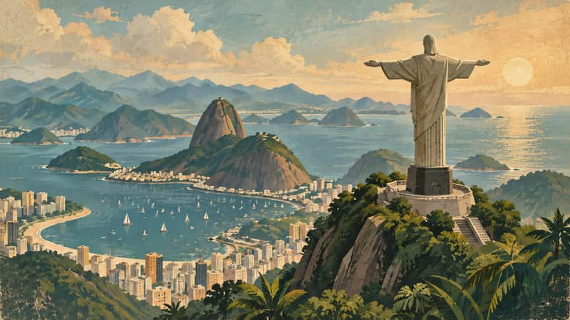 Christ the Redeemer, Brazil 4K wallpaper, mid-century travel poster style, for Frame TV and desktop
