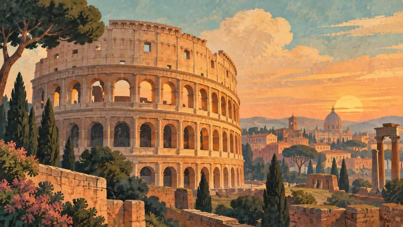 Colosseum, Italy 4K wallpaper, mid-century travel poster style, for Frame TV and desktop