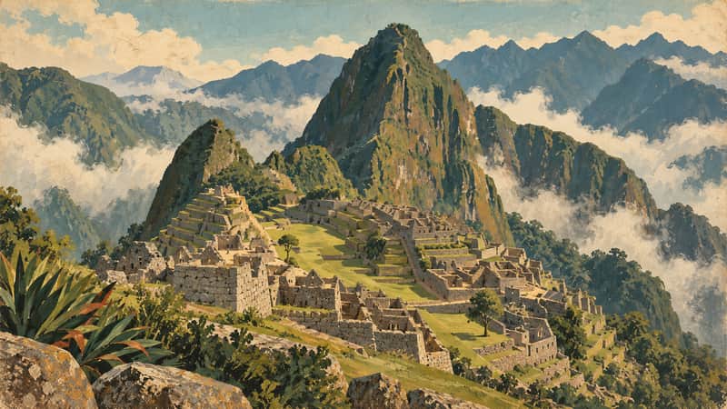 Machu Picchu, Peru 4K wallpaper, mid-century travel poster style, for Frame TV and desktop