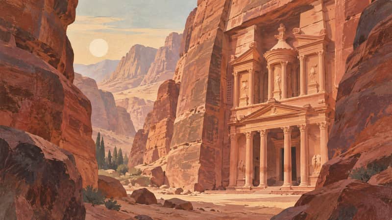 Petra, Jordan 4K wallpaper, mid-century travel poster style, for Frame TV and desktop
