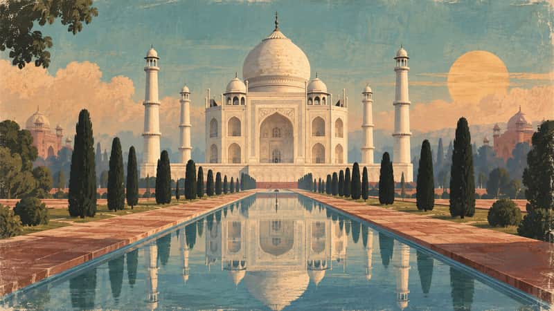 Taj Mahal, India 4K wallpaper, mid-century travel poster style, for Frame TV and desktop