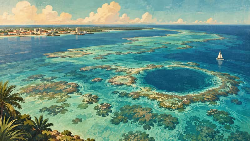 Belize Barrier Reef, Belize City 4K wallpaper, mid-century travel poster style, for Frame TV and desktop