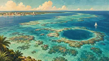 Belize Barrier Reef, Belize City 4K wallpaper, mid-century travel poster style