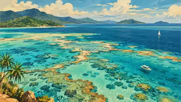 Great Barrier Reef, Queensland, Australia 4K wallpaper, mid-century travel poster style